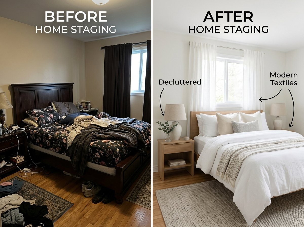 Bedroom before and after home staging comparison