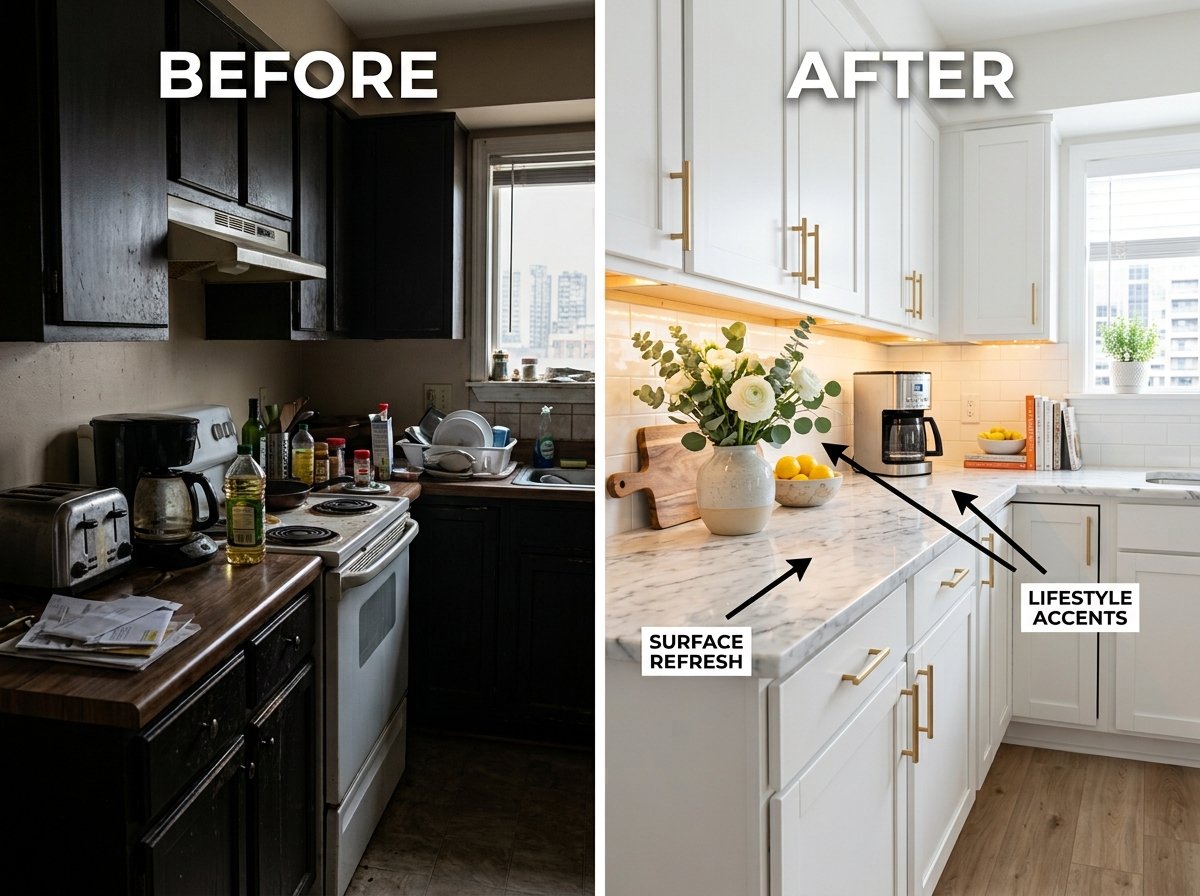 Kitchen before and after staging comparison