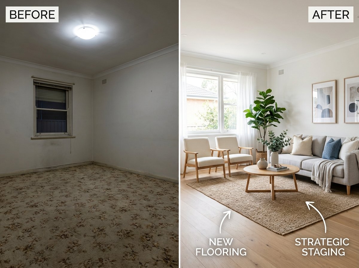 Living room before and after staging with new flooring