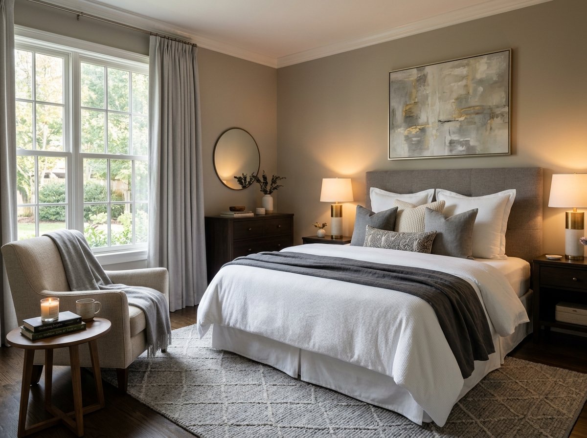 Staged primary bedroom with reading nook