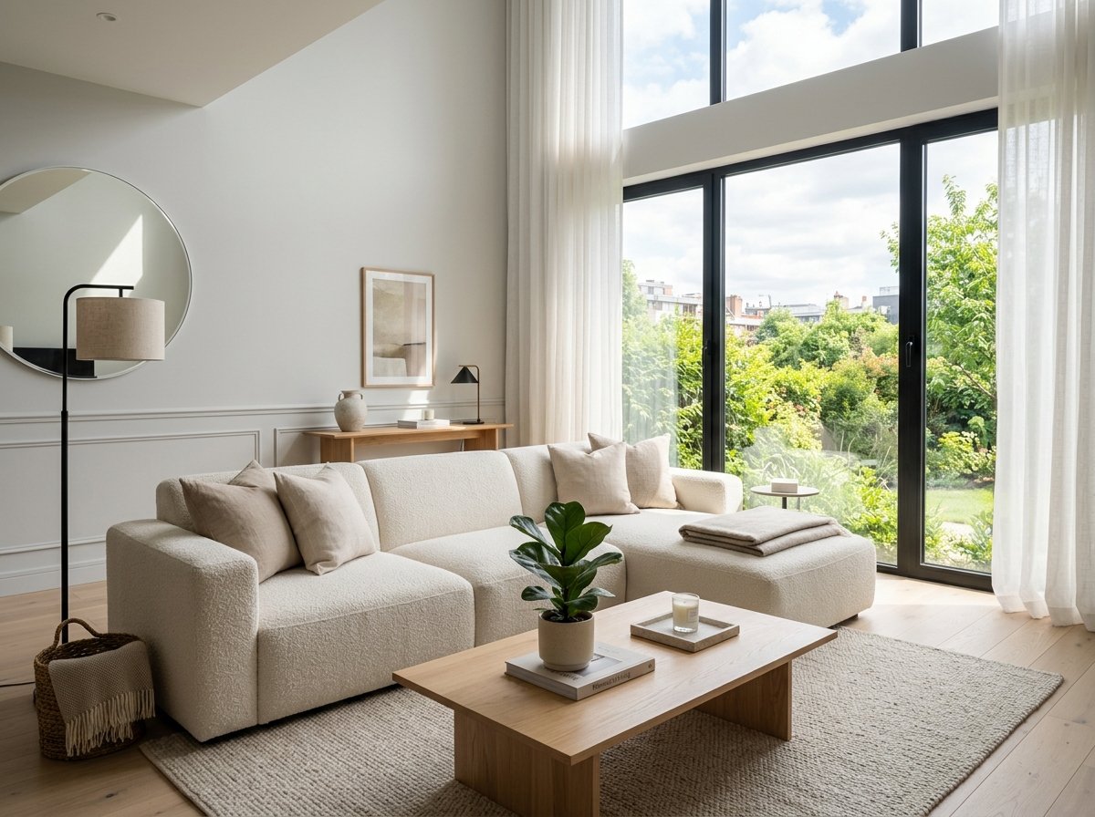 Staged living room with cream sofa