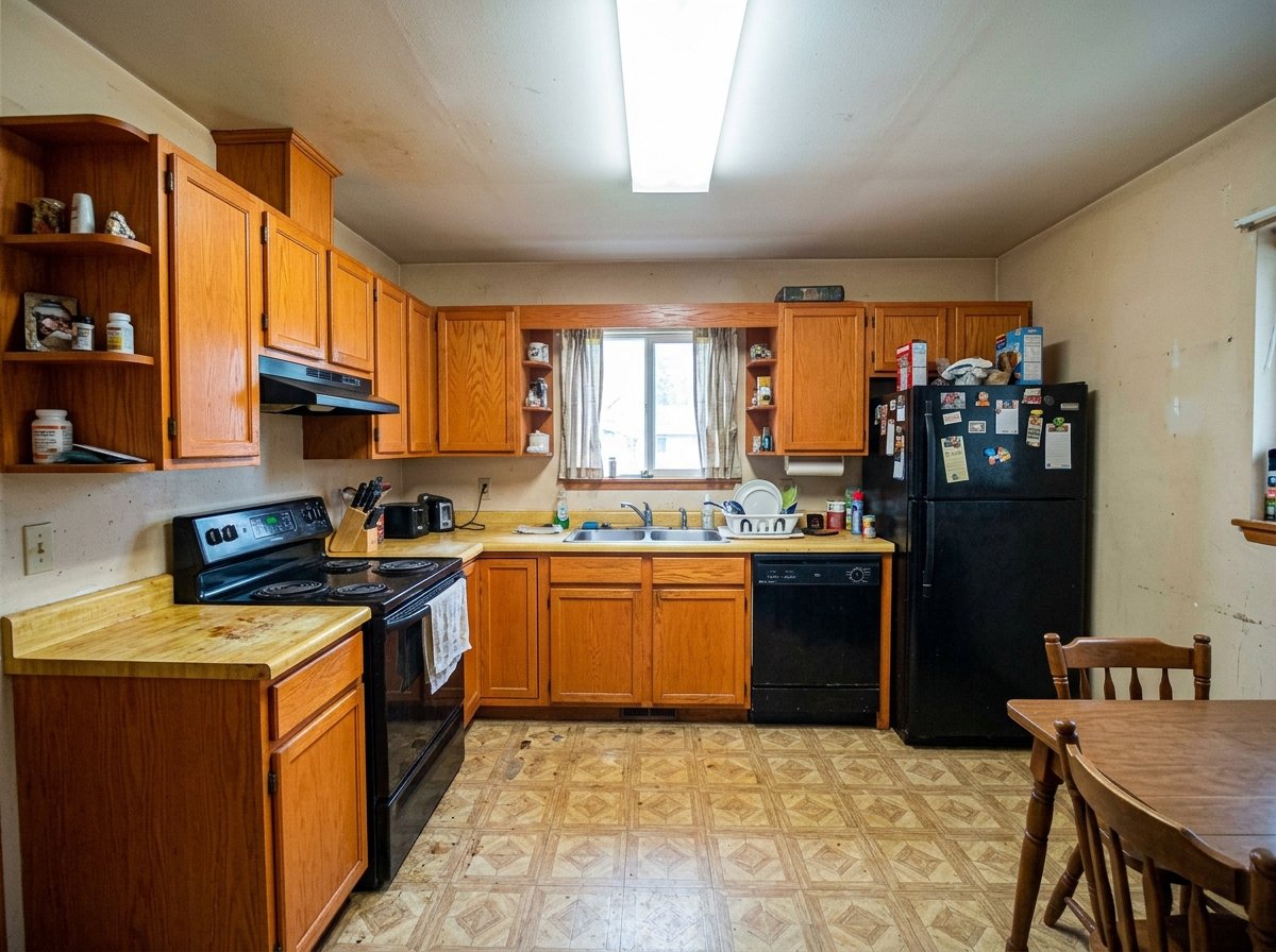 A dated kitchen with orange cabinetry before presentation work