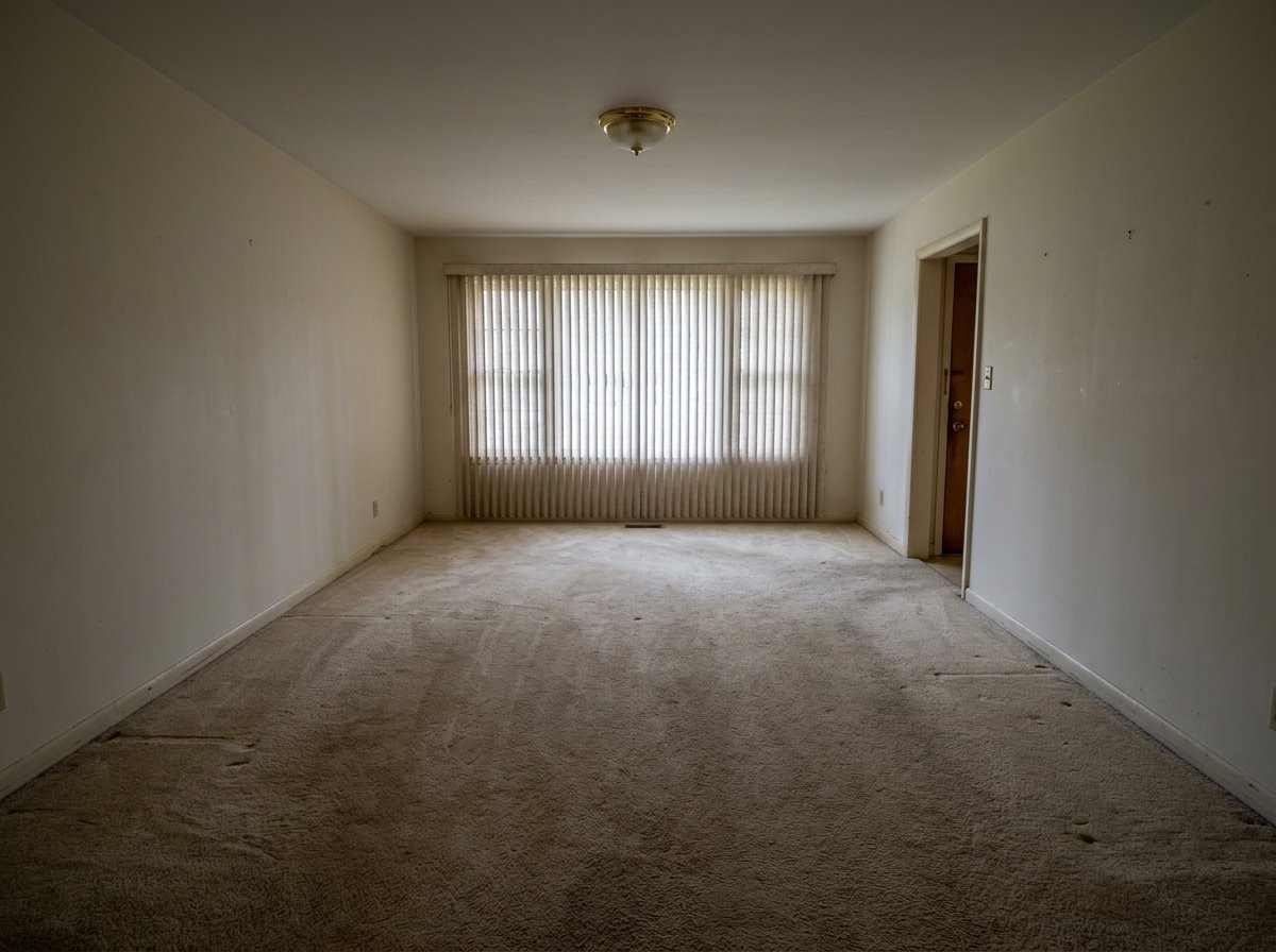 A vacant, dim living room before staging